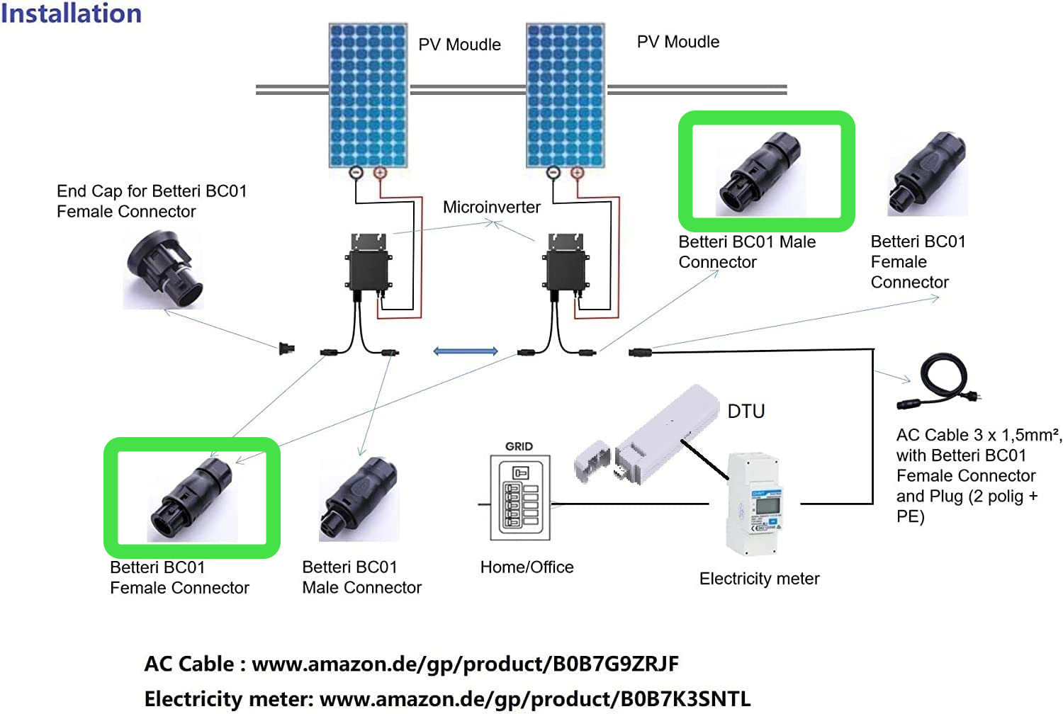 Câble de connexion micro-onduleur 5 m avec connecteur BETTERI et fiche  schuko pour système photovoltaïque sku 11739